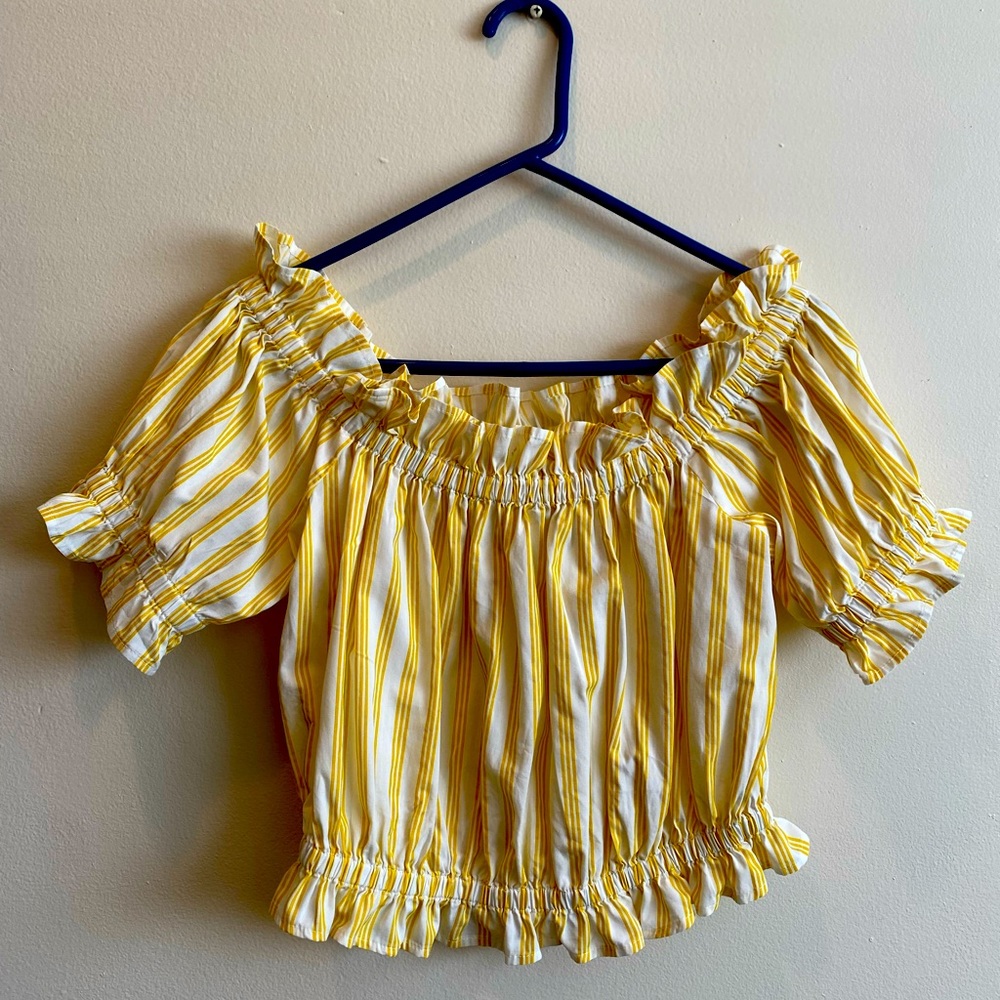 White and yellow striped off the shoulder top